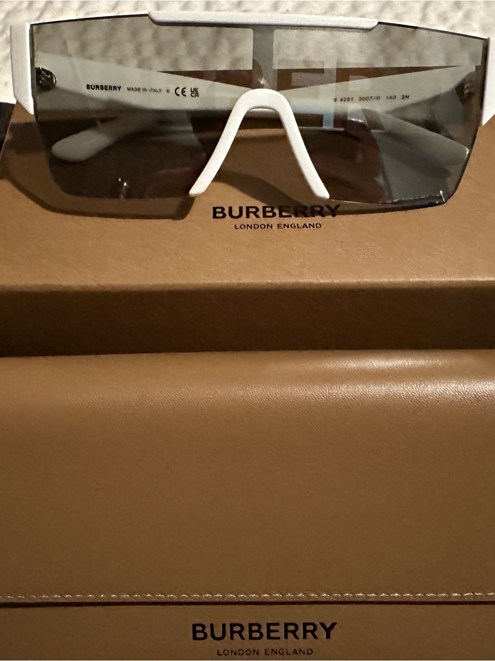 Burberry White Frame Shield Sunglasses with Smoke Lens - Picture 1 of 5
